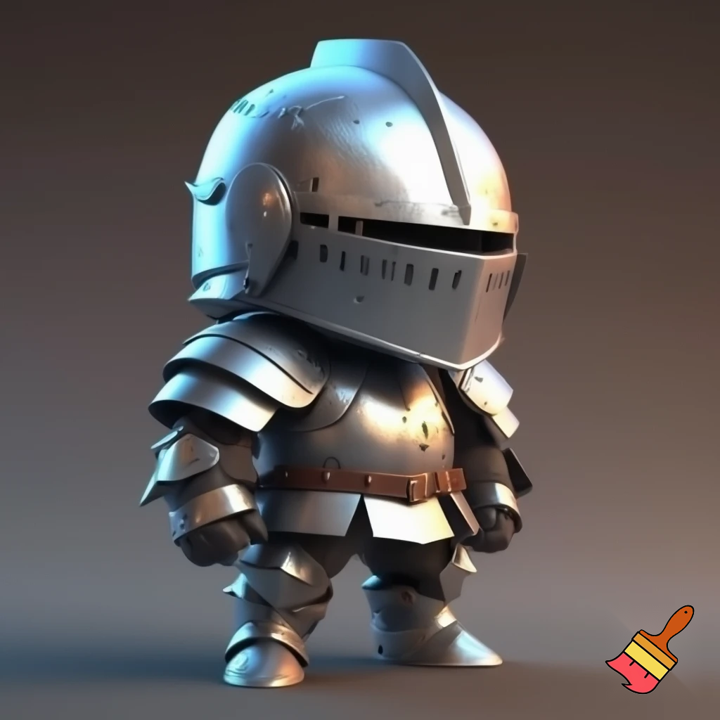 A cute chibi-style medieval knight mascot, inspired by the character proportions of "Ghosts 'n Goblins". He has a significantly oversized head and a small, stout body. He is wearing full, shiny silver plate armor with intricate but soft-edged details. The helmet is completely closed with a visor, so no face is visible. The style is whimsical fairy-tale 3D render, soft cinematic lighting, vibrant colors, high detail, standing in a heroic but adorable pose. High quality digital art, 8k, cute and charismatic.