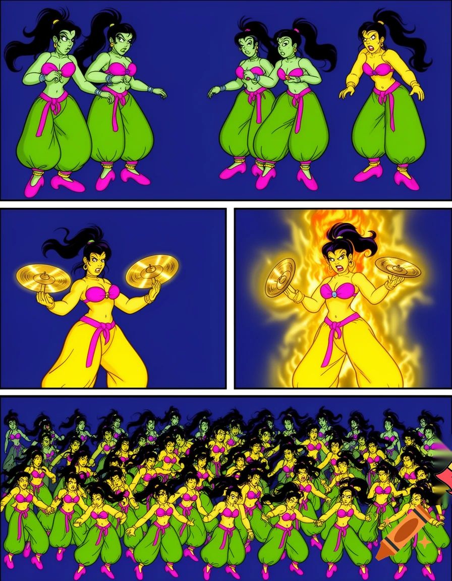 90's disney's 2d aladdin style comic dark blue background and panels of panel 1the three black haired ponytail women with big breast and hips green skin,green harem pants pink bra and pink sash and pink curved slippers,  humiliate the black haired ponytail woman with yellow skin,yellow harem pants purple bra and purple sash and purple curved slippers by the new looks of the three black haired ponytail woman with big breast and hips with green skin,green harem pants pink bra and pink sash and pink curved slippers. 
Panel 2 Then the curvy figure black haired ponytail woman with yellow skin,yellow harem pants purple bra and purple sash and purple curved slippers gets angrier and grows into a giantess curvy figure black haired ponytail woman with yellow skin,yellow harem pants purple bra and purple sash and purple curved slippers and grows a pair of cymbals from her hands. 
Panel 3 then the giant curvy figure black haired ponytail woman with yellow skin,yellow harem pants purple bra and purple sash and purple curved slippers then smashes the three ponytail black haired women with green skin,green harem pants,pink bra and pink sash and pink curved slippers between a pair of cymbals. 
Panel 4 This causes the three black haired ponytail barefoot women with green skin,green harem pants, pink bra and pink sash and pink curved slippers to multiply again and this time becoming a mass of  black haired ponytail women with green skin green harem pants pink bra and pink Sash and pink curved slippers marches under the giantess black haired ponytail woman with yellow skin,yellow harem pants purple bra and purple sash and purple curved slippers