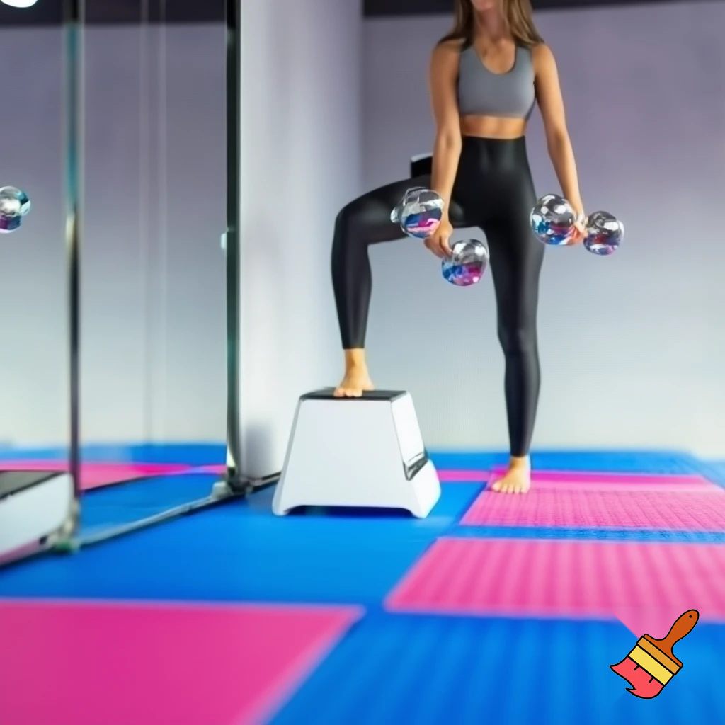 "A woman in athletic leggings holding dumbbells, standing in front of an exercise step. The floor is made of blue and pink tatami mats. On one side of the room, there’s a large mirror reflecting the scene. The gym has a clean, modern vibe, with well-lit space and a motivating atmosphere."