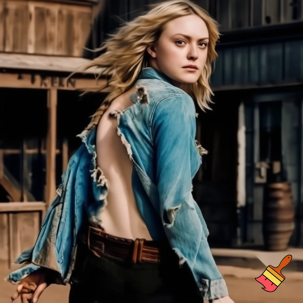 Dakota Fanning, various poses, torn clothes, wild west street scene, close up shot, breast exposed, walking looking over her shoulder 