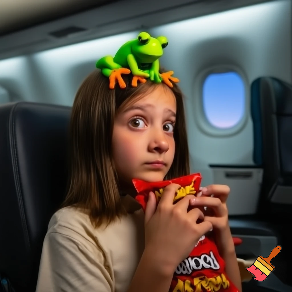 a inpoyle in  a plane is sacred of a on her head she put hot cheetos on her head  when the girl done with her flit  the frog hit her head the frog go away
