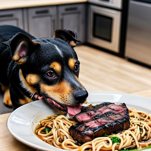 A dog eating a burnt steak with noodles
