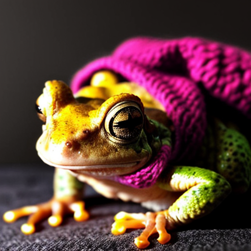 A laughable, puzzled animal toad in woolen, multicoloured winter clothings with woolen winter cap. Hyperrealistic style.