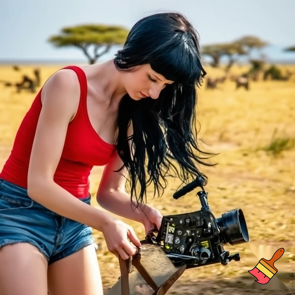 A cute and muscular black-long-and-side-swept-banged-haired fair white woman with arriflex digital camera and wearing red tank top and woman's blue short jeans and putting the sandals on her feet is filmming the plains of the Serengeti in Tanzania.