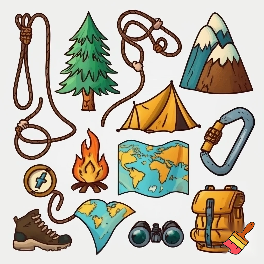 single icons of nature exploration in cartoon style : cord, fir tree, mountain, campfire, tent, carabiner, compass, backpack, world map, hiking shoe, binoculars