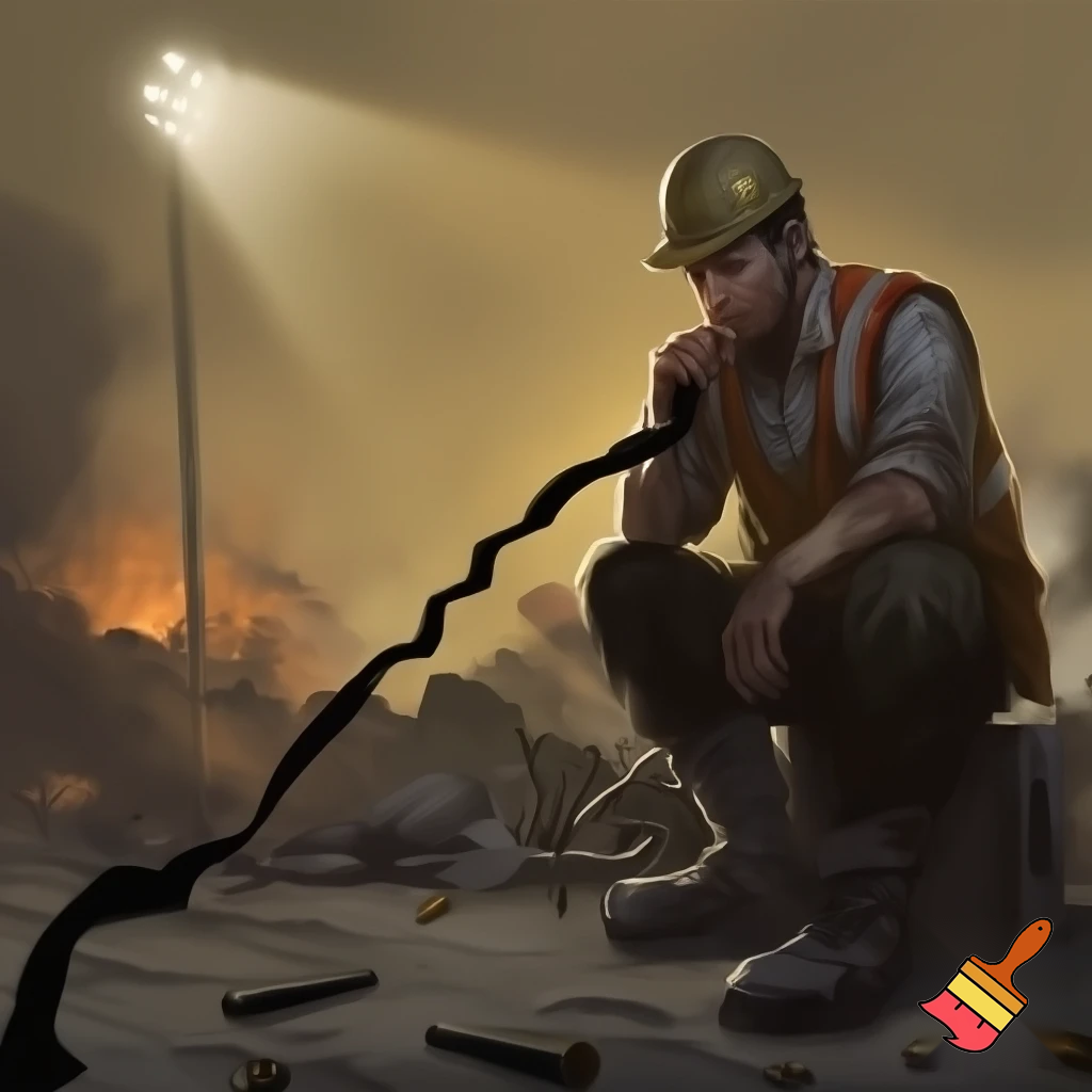 construction worker eating licorice in a warzone

