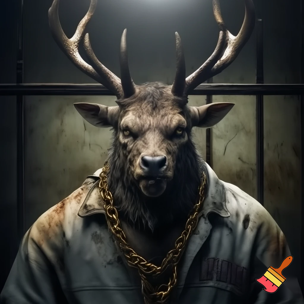 mugshot of a fierce evil deer wearing prison outfit with tatoos and gold chains