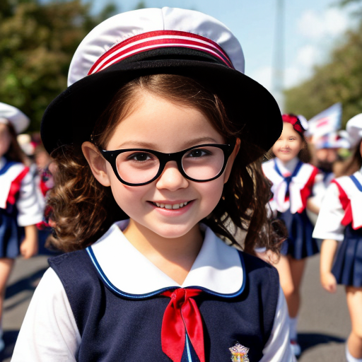 Cute adorable niña Chilindrina glasses con hair lazo curly con verano sailor uniforme escolar con zapatos negros escolar con calcetines blancos con sombrero sailor con grupal con caminar con desfile Estados Unidos América bandera con ciudad 24
