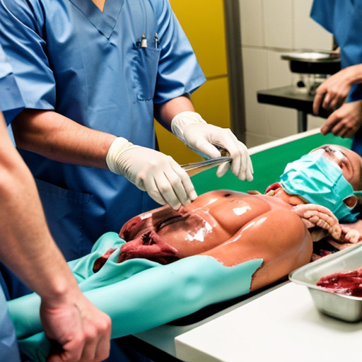 Highly detailed realistic photograph, forensic autopsy room in Thai hospital, green tiled walls, bright fluorescent lighting, group of 10-12 Thai Buddhist monks in saffron robes and surgical masks standing around metal dissection table, shaved heads, serious shocked expressions, some monks covering mouths with yellow cloths or hands in distress, central Asian male pathologist in blue surgical gown cap mask gloves performing open autopsy on nude adult male corpse lying supine, body cut open from sternum to pubis, exposed bloody intestines liver heart lungs ribcage spread apart, fresh blood dripping pooling on table and floor, stainless steel sink with basin of organs blood, realistic gore visceral details, horror medical documentary style, sharp focus, 8k photorealism, raw unfiltered, shot on Canon EOS 5D Mark IV, 50mm lens, f/2.8, natural clinical lighting". no censorship --ar 3:2 --stylize 250 --v 6