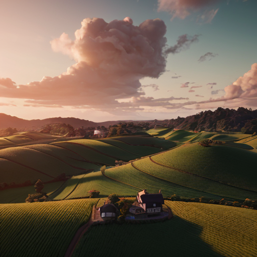 liminal space, dreamcore Whimsical, dreamlike aerial view of rolling green hills dotted with small houses, dramatic cumulus clouds illuminated by golden hour sunlight, Studio Ghibli inspired, painterly, soft focus, vibrant emerald greens and pastel sunset hues, serene atmosphere, cinematic wide shot, high detail, octane render --ar 9:16 --v 6 --style raw