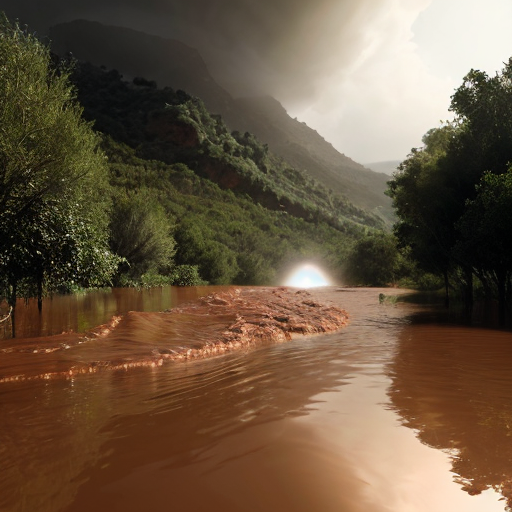 
"A dramatic cinematic shot of a powerful flash flood rushing through a Moroccan valley (Oued) with traditional red clay surroundings. In the foreground, a large, crystal-clear water drop is suspended in the air. Inside the drop, a reflection of a lush green forest is visible. The lighting is moody with golden hour sun rays. The style is hyper-realistic, 8k resolution, with a contrast between the muddy flood water and the pure blue drop."

