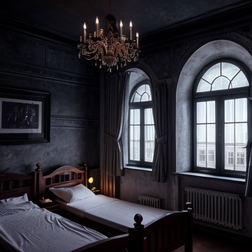 Wide view of boys hostel building, most windows dark, only one room light glowing on upper floor, silent night, suspenseful mood, cinematic horror animation