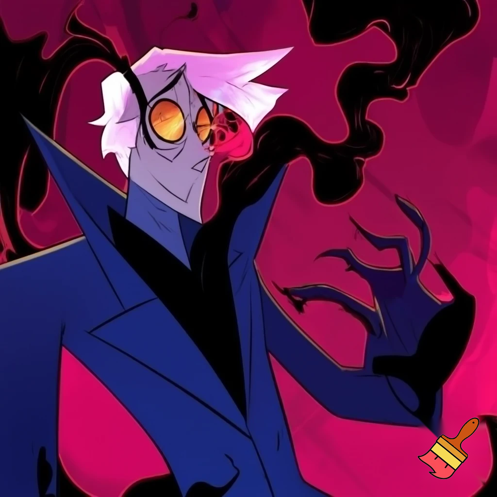 A tall, lean pale man with white hair, distinctive round brass glasses he has a stern look on his face. his face In cartoonish art style of hazbin hotel wearing his signature blue overcoat with black sinister smoke curling around him his hand reaching out, producing the black sinister smoke