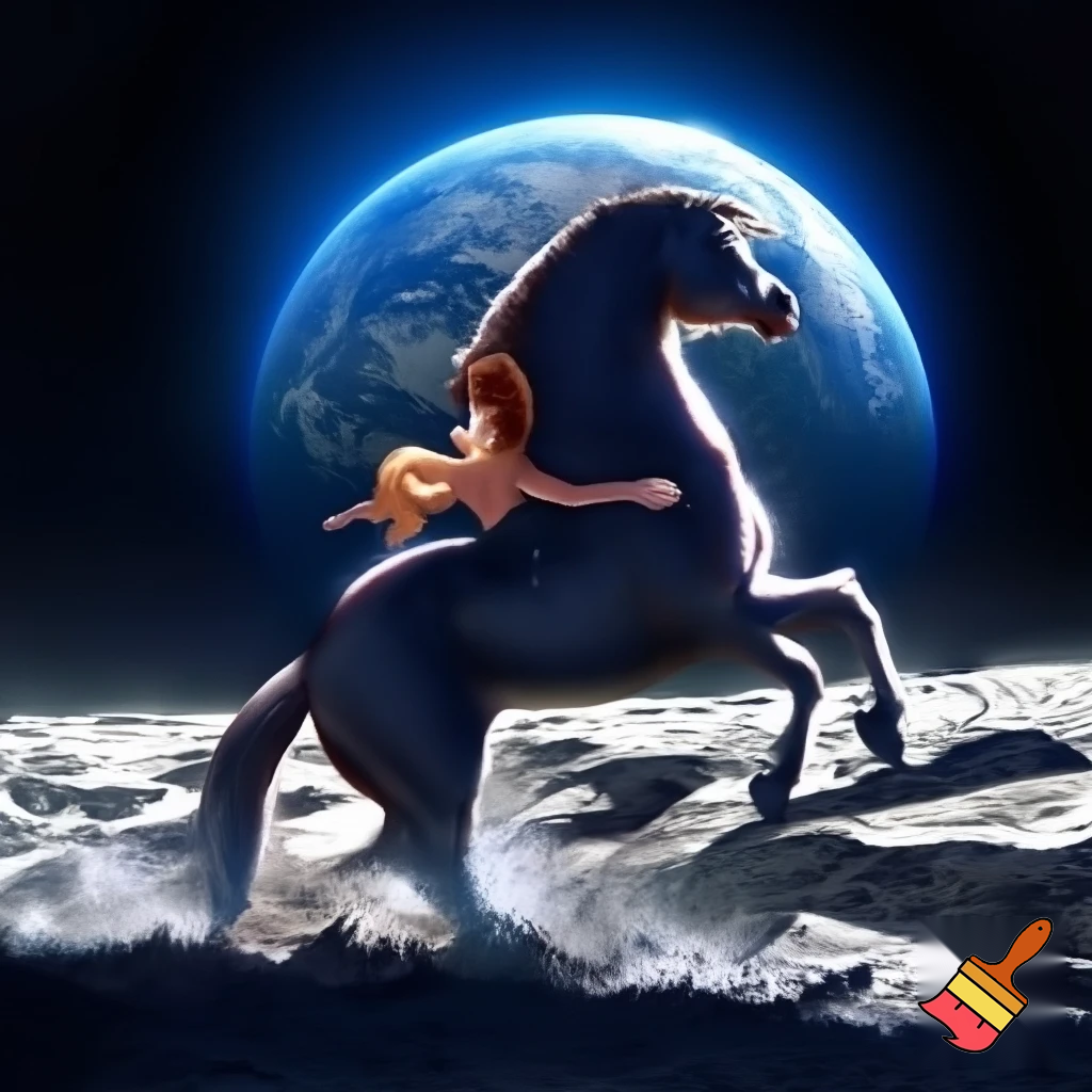 a horse and girl galloping on the moon bareback
