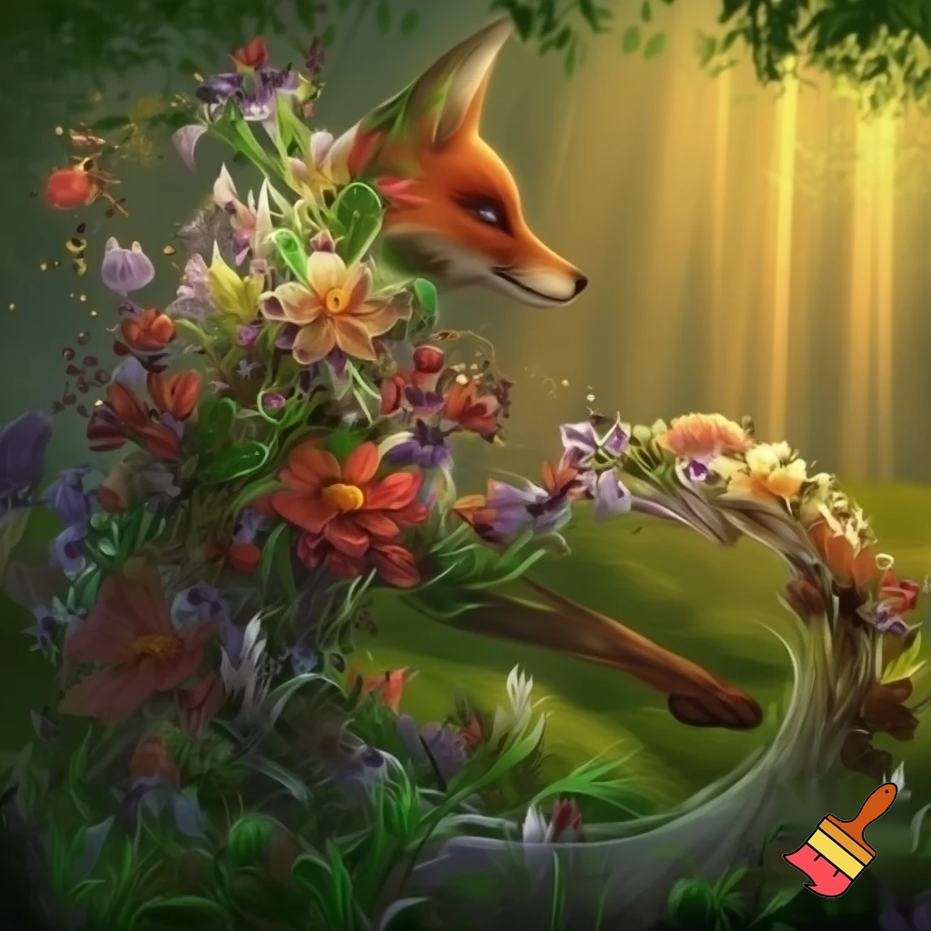 en ræv lavet af blomster og planter