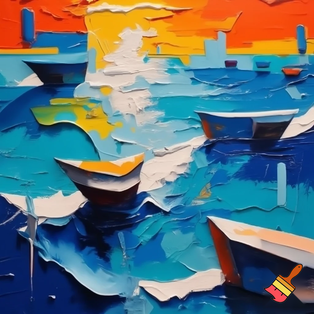 postmodern acrylic painting sea and boats 