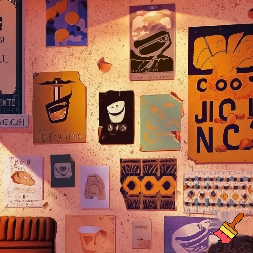cute cafe wall with posters on it