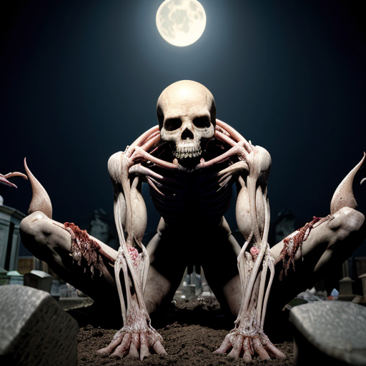 A photorealistic a moonlit cemetery torn apart by carnage, the ground slick with coagulating blood and chunks of unrecognizable viscera. At the center, a towering, skinless beast crouches over a mangled corpse, its exposed musculature glistening under the pale light, strands of sinew and torn ligaments dangling from its frame like macabre streamers. Its jagged, yellowed teeth gnash together as it lifts a severed arm to its lipless maw, blackened claws sinking into rotting flesh. Behind it, unearthed graves yawn open, their former occupants strewn in grotesque heaps—ribcages split wide, spinal cords unspooled like frayed rope. The air seems thick with the metallic stench of gore, and every twisted detail, from the beast's milky, pupil-less eyes to the way its tendons flex with each monstrous movement, is rendered in chilling photorealism.