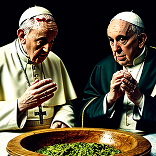 Pope Francis (left) and Pope Leo XIV (right) vomiting, green and snotty vomit from their streched mouths, and into the same bowl (center), dark, gritty, realistic

