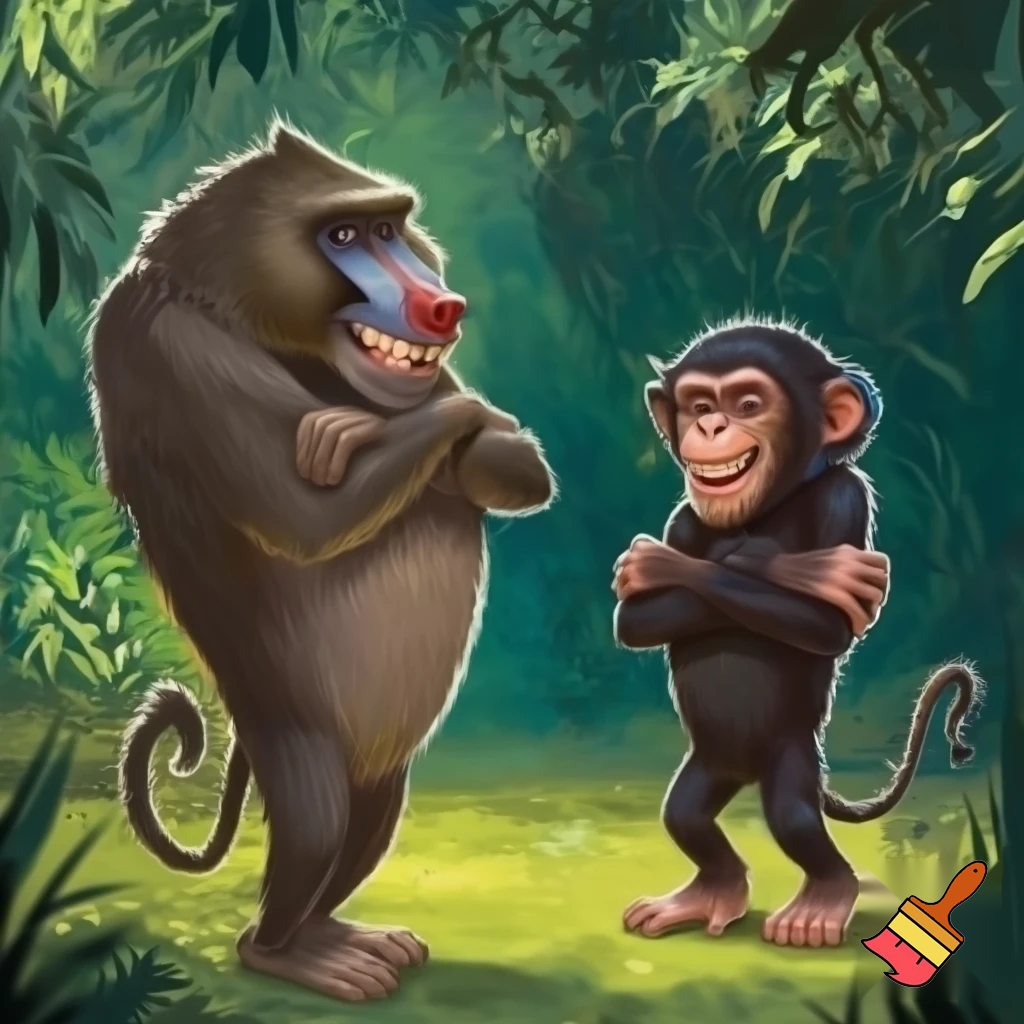A baboon smiling and standing on his two legs with his arms crossed and looking at a chimpanzee that is standing on his two legs with his arms crossed and smiling