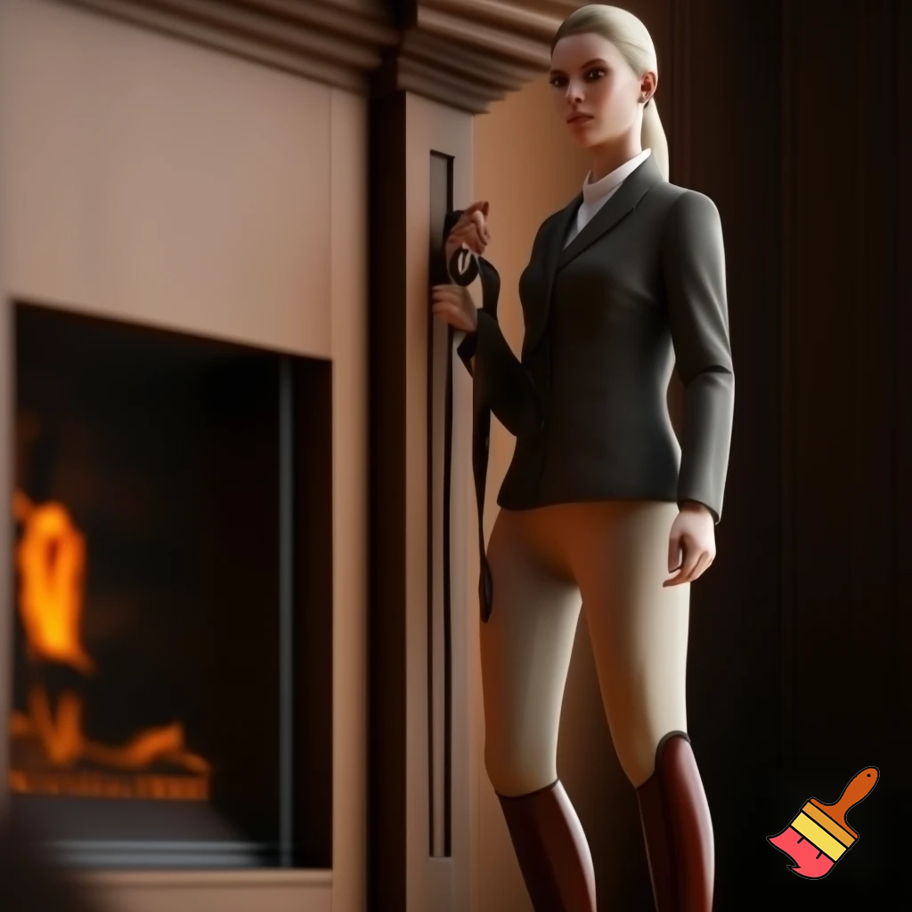 Masterpiece of the finest photo quality, a stern-looking, highly trained, very elegant 30 years equestrian woman with a slim, athletic build and blond hair and ponytail, dressed in a  tailor-made riding jacket, beige tight-fitting breeches and knee-high polished riding boots with high shaft , confidently standing next to the fireplace with a leather neck-yoke with leash in her hand , an elegant and refined atmosphere, soft natural light.8k 