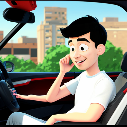 Pixar-style 3D cartoon, young Muslim man, 20 years old, beard, short hair, white shirt, black jeans, sitting in a car at the driver's seat, holding phone to his ear, looking at the road, attentive, no headphones or other gadgets, big expressive cartoon eyes, friendly face, city visible through car windows, bright friendly colors, cinematic lighting, simple cartoon style