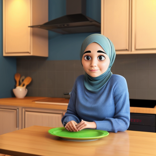 Мультяшный 3D стиль Pixar, упрощённые мультяшные черты, яркие дружелюбные цвета, уютная кухня. Мусульманская мама 35-40 лет, полностью покрыта голубым платьем, округлое мультяшное лицо, большие простые глаза, готовит на плите. Сын, 20 лет, синяя толстовка, чёрные джинсы, короткая мусульманская причёска, мультяшное лицо, большие выразительные глаза, сидит за столом. Постоянный персонаж, одинаковая одежда и причёска, повторяемый дизайн персонажа, кинематографическое освещение.