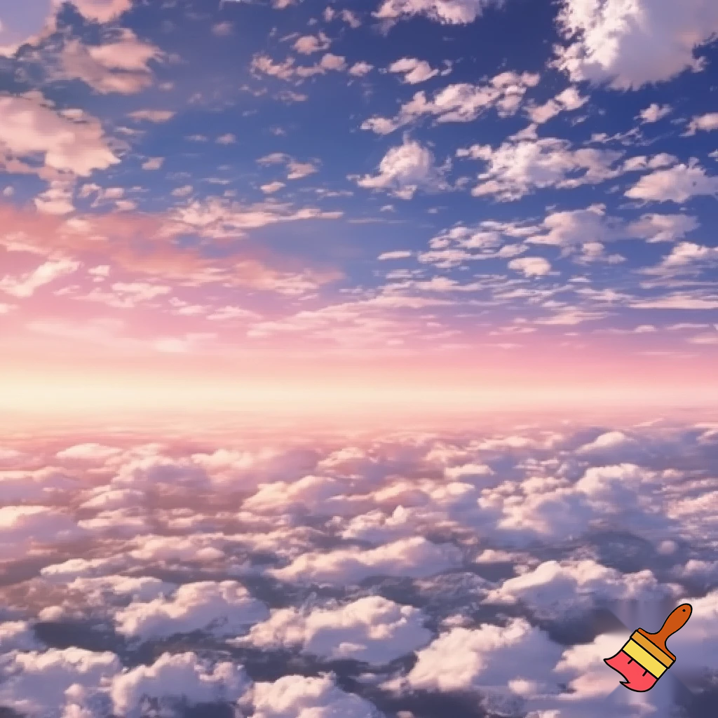small fluffy clouds in the Tokyo Ghoul anime style, scattered across the sky, view from afar, lots of clouds, soft pastel colors, sunset sky, high quality, 4K, detailed, 360 degree panorama, 8K quality
