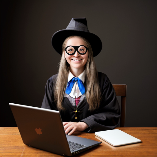 female wizard, laptop, monocle, compass, smiling
