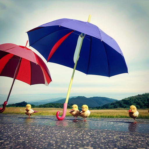 Five little ducks with plain, red bow, blue cap, colour lollipop and purple umbrella went out one day, over the hills and far away.
