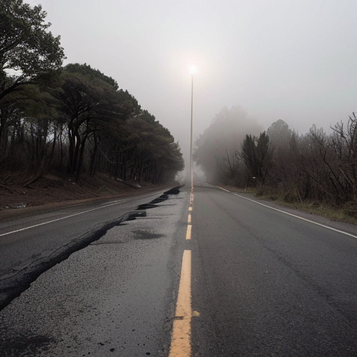 A 9:16 aspect ratio pic a haunting, grainy 35mm film still—unearthed from some forgotten archive—where a nightmarish alien tripod dominates the mist-choked horizon, its towering silhouette warped by atmospheric distortion and heavy film grain. The creature’s bulbous head swivels slightly, as if sensing prey, while its sinuous, segmented tentacles writhe downward, probing the cracked asphalt of a rain-slicked highway. Below, the road vanishes into a wall of sepia-toned fog, the only signs of life being the distant red embers of fleeing cars, their taillights bleeding through the gloom like dying stars. Leafless trees claw at the sky on either side, their skeletal forms barely distinguishable from the machine’s spindly legs. The entire scene is bathed in a sickly, muted palette—ochre, slate, and the faintest hint of a long-faded cyan—as if the photo itself is decaying, the horror within it seeping into reality. A single streetlight flickers in the foreground, its shattered casing casting jagged shadows, and on the road’s shoulder, a discarded dead human body lies overturned, its owner conspicuously absent. The grain is thick, the focus just shy of clarity, as though the camera trembled in the hands of whoever witnessed this—and didn’t live to tell.