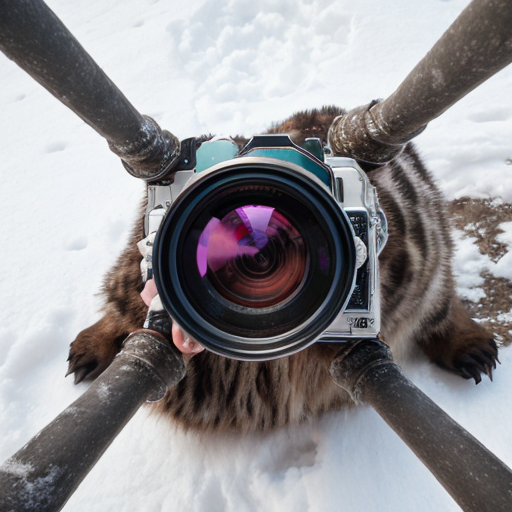 Crea una imagen con las siguientes características: tigre bebé blanco en la nieve con un oso bebé blanco pequeño , Fondo: montaña con nieve en bosque, Actividad: jugando con nieve, Calidad de imagen: 8K, Relación de aspecto: 9:16, Estado emocional: Sorpresa, Energía: Centrada, Tamaño: Mediano, Estructura: Estructurado, Vibra: Épico, Ángulo de cámara: Primer Plano, Posición de ángulo de cámara: Vista desde arriba, Configuración de lente: Lente infrarrojo, Tipo de luz: Blue Hour