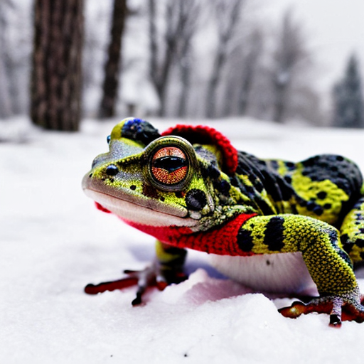 A laughable, puzzled animal toad in woolen, multicoloured winter clothings with woolen winter cap. Hyperrealistic art style.