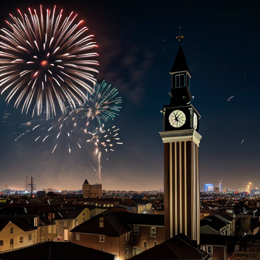 view from a window on a small town at night, the clock tower at the right side and fireworks on the sky
