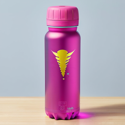 an energy drink bottle for boosterade  the plastic bottle is blue yellow and pink 
