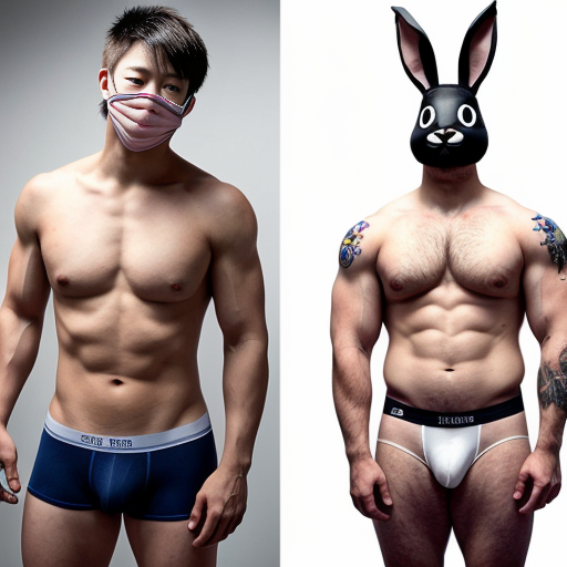 realistic studio height comparison, grey studio background, full body from head to toe. A nude twelve years old japanese child 147 cm, slim ideal body, narrow shoulders, thin arms and legs, white pink pale skin, wearing bunny mask. Around her four muscular tattooed tans skin american mens 195 cm tall wearing underwear, they have different face each other, two mens in right an two mens left, large shoulders and big physique. strong height difference clearly visible, studio lighting, realistic photography.