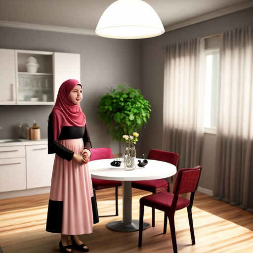 Pixar-style 3D cartoon, Muslim woman, 50 years old, fully covered, headscarf covering all hair, modest appearance, wide flowing pink dress, standing in a modern living/dining room, placing plates on the table, preparing food to eat, medium-class interior, neutral colors, simple furniture, cozy atmosphere, bright friendly lighting, simple cartoon style