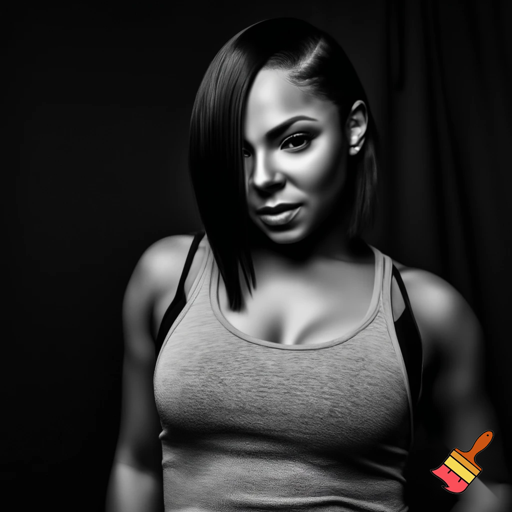 Black and white image of Ashanti with part bob hair wearing a grey tank top and black bra 