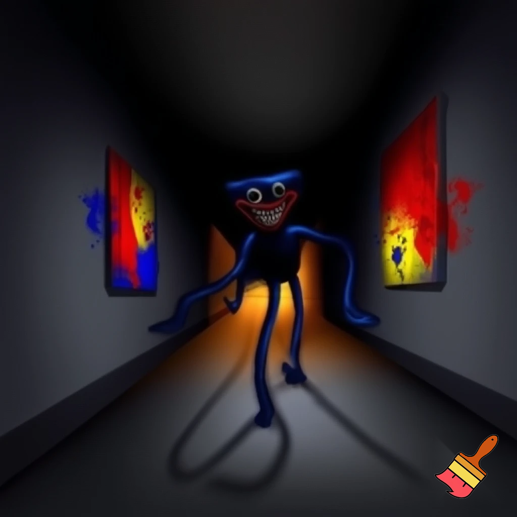 huggy wuggy in a dark gray hallway with some pictures painted in red, yellow, and blue. The feel is creepy and it feels off.