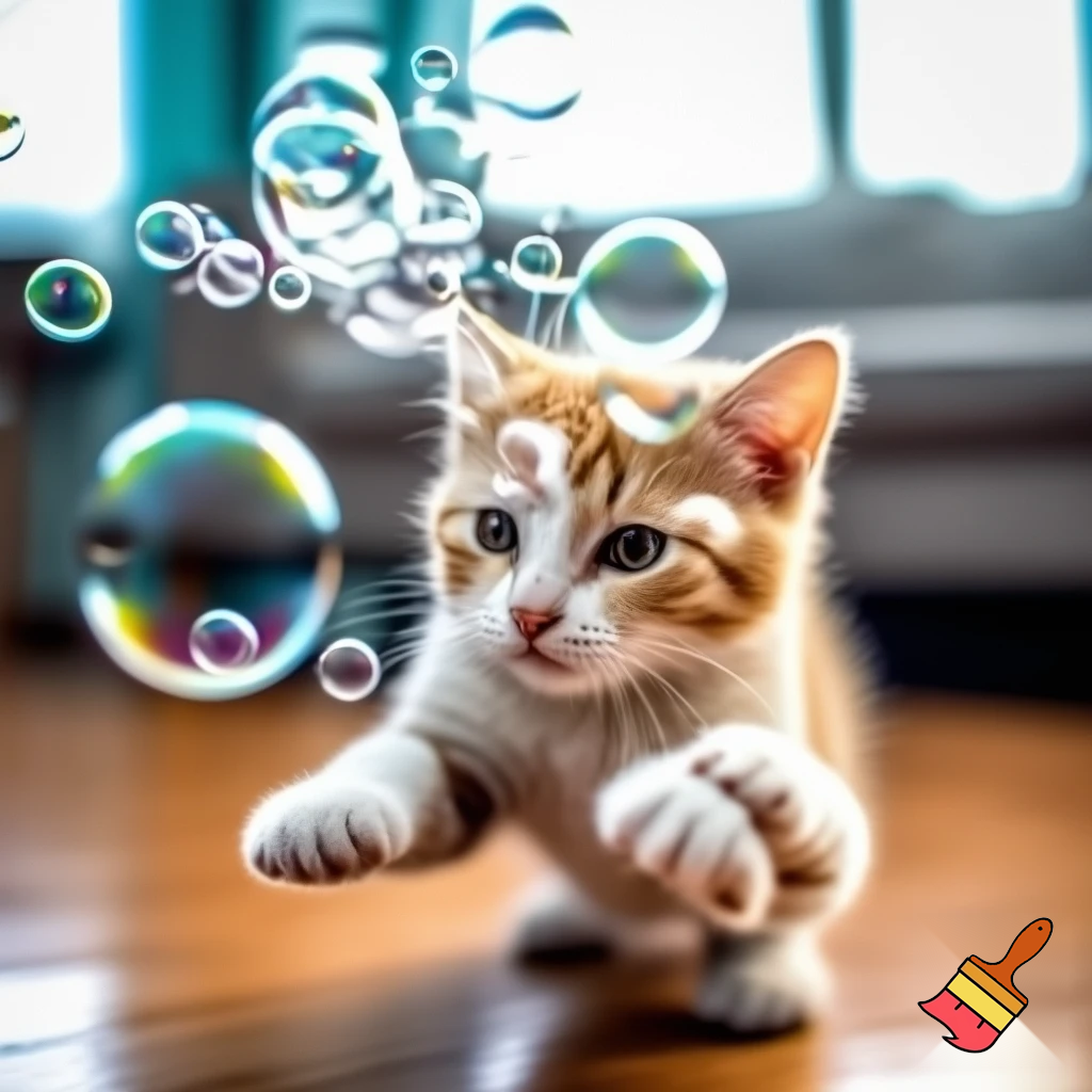 a cat play with bubbles