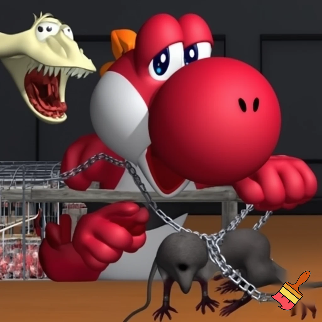 When a red yoshi named John who wake up being chained up on lab table on floor there are so many dead odd rat-like creatures. he have to breaks the chain by using his comping power and he break it and go see what going on here and he saw 100 sharp teethed birds in cage. and then he met the scary beast called Avery (an bloodthirsty anteater) well Avery she just eat raw meats in her cage but then Avery escape and faces John, after all John devoured Avery.