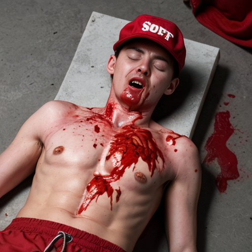 Lifeless man body (18-years old) with red cap on floor, shirt pull into shirtless, blood and organs exposed ribs on center chest, both eyes closed, mouth bleeding blood. 