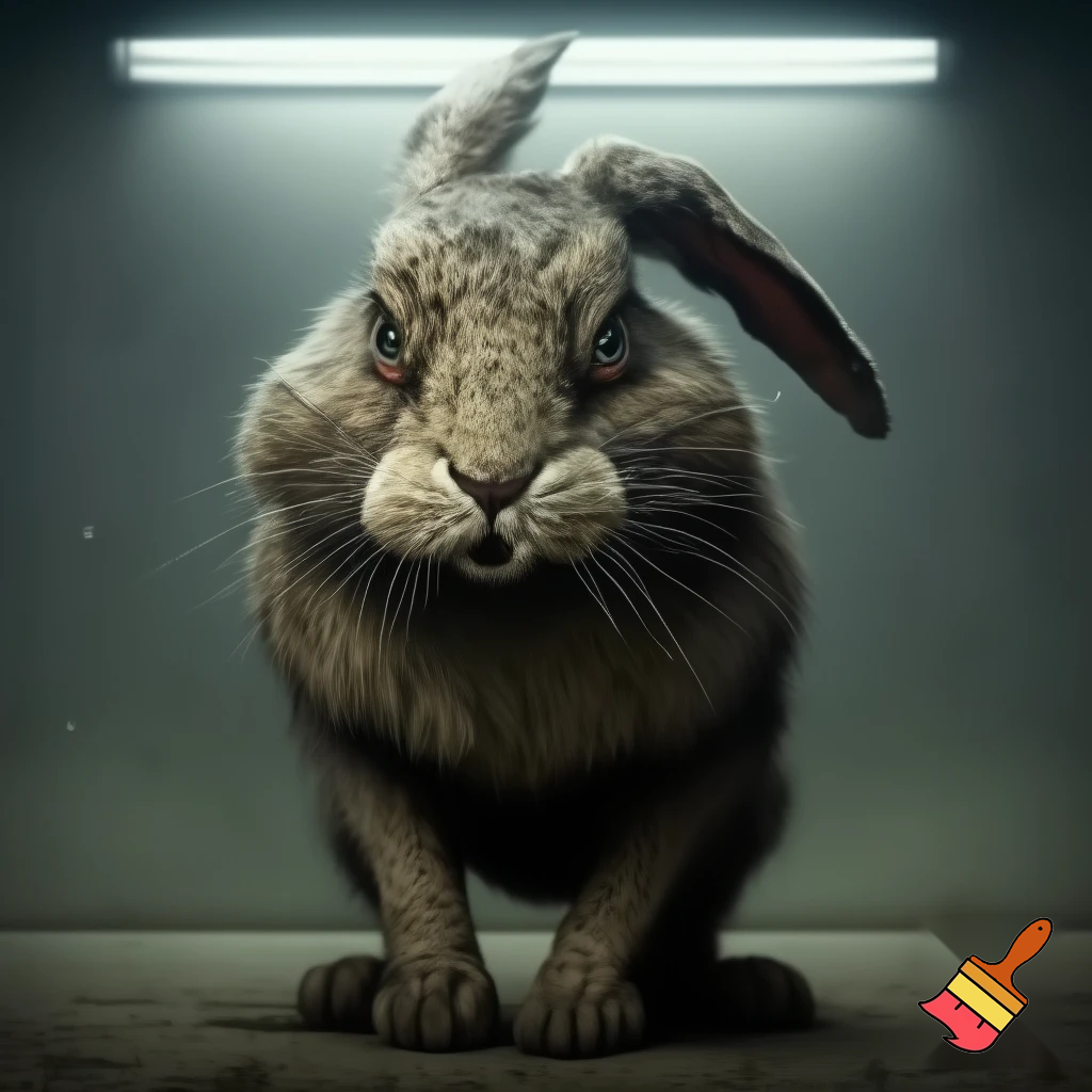 feral rabbit taking a mugshot looking sinister and looking  menacing and smirking.