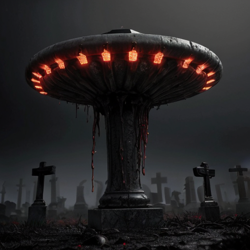 A photorealistic, hyper-detailed dark fantasy horror scene. A colossal, floating bio-mechanical ufo hovers menacingly over a foggy, desolate graveyard. The creature is a grotesque fusion of rotting, dripping flesh, exposed muscle, and dark metallic machinery, featuring a massive gaping maw with jagged teeth and numerous intensely glowing red optical sensors dotting its body. Viscous gore drips from its underbelly. In the foreground, heavily mutilated humanoid corpses covered in wet blood and raw flesh are rising from muddy, open graves among weathered stone crosses. The atmosphere is grim, cinematic, and terrifying, with thick atmospheric fog, a dark overcast sky, and stark contrast between the desaturated greys of the cemetery and the vivid, glowing crimson reds. Shot on 35mm lens, 8k resolution, highly realistic texturing.