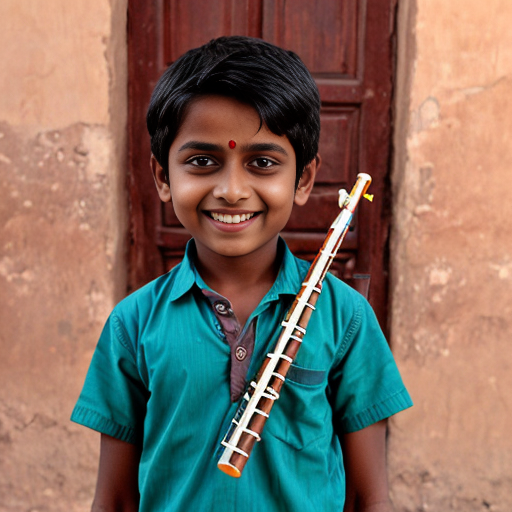Krishna, a young boy, with his flute, standing happily with a bright smile.