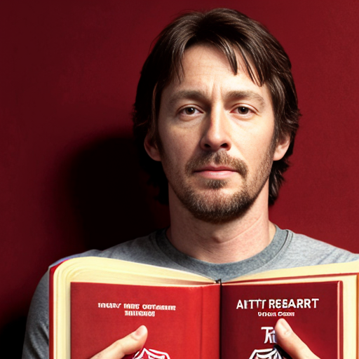 God holding a book with seven red seals on it and John looking up at him
