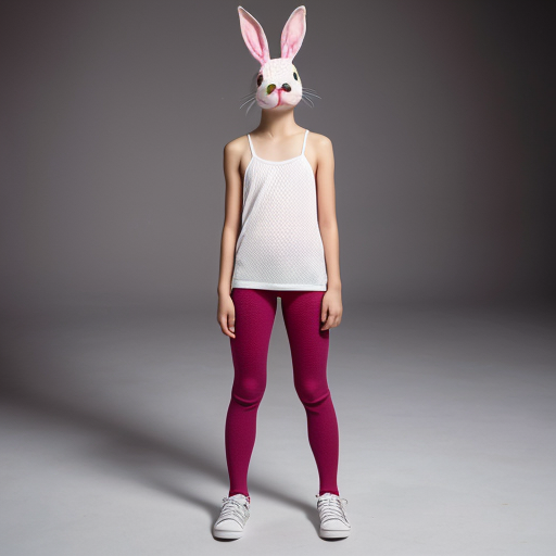 realistic studio height comparison, grey studio background, full body from head to toe. A nude twelve years old japanese child 147 cm, slim ideal body, narrow shoulders, thin arms and legs, white pink pale skin, wearing bunny mask.clearly visible, studio lighting, realistic photography.