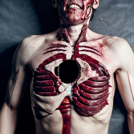 A corpse shirtless man, died, face are hiding by shirt with cut eye part (not eye human), eye closed, chest fully opened wounded circle on center, blood everywhere. Gibs and ribs (from chest bone) everywhere and broke, organs piece by piece. (In full body, not half body)