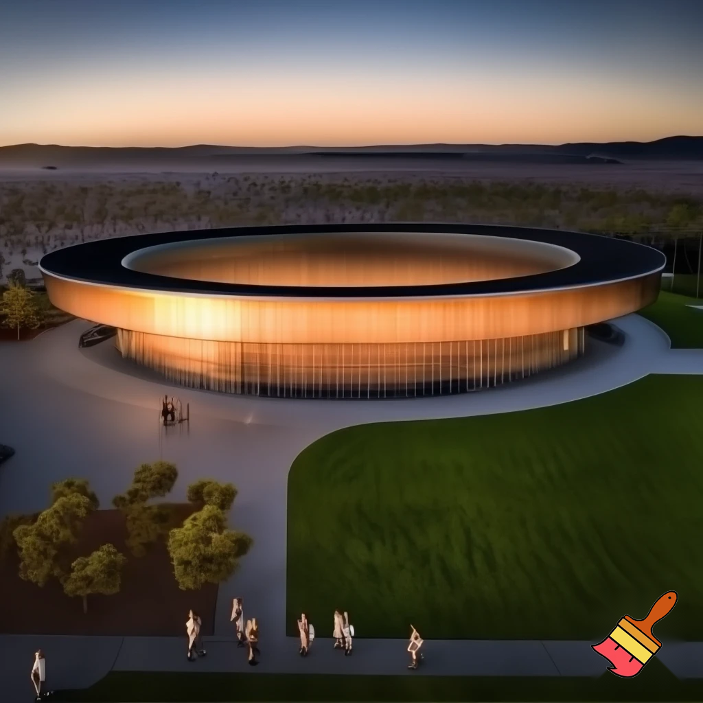 Wide cinematic shot of Apple Park in Cupertino at sunrise — the massive circular glass structure glows in golden light, surrounded by manicured green lawns. A drone view captures employees walking with sleek laptops, wearing minimalistic formal outfits in neutral tones. The atmosphere is calm yet charged with purpose, evoking the quiet intensity of a trillion-dollar empire at work.