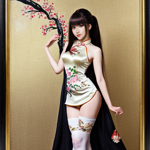 黑色长发女性，完美身材，完美动作，日式二次元手绘，全身照，黑色缎面镂空旗袍，金色镶边中国龙暗纹，亮光白色过膝袜，中式庭院背景，夜景，妩媚的眼神，手拿一节梅花枝，精致画风，完美作品